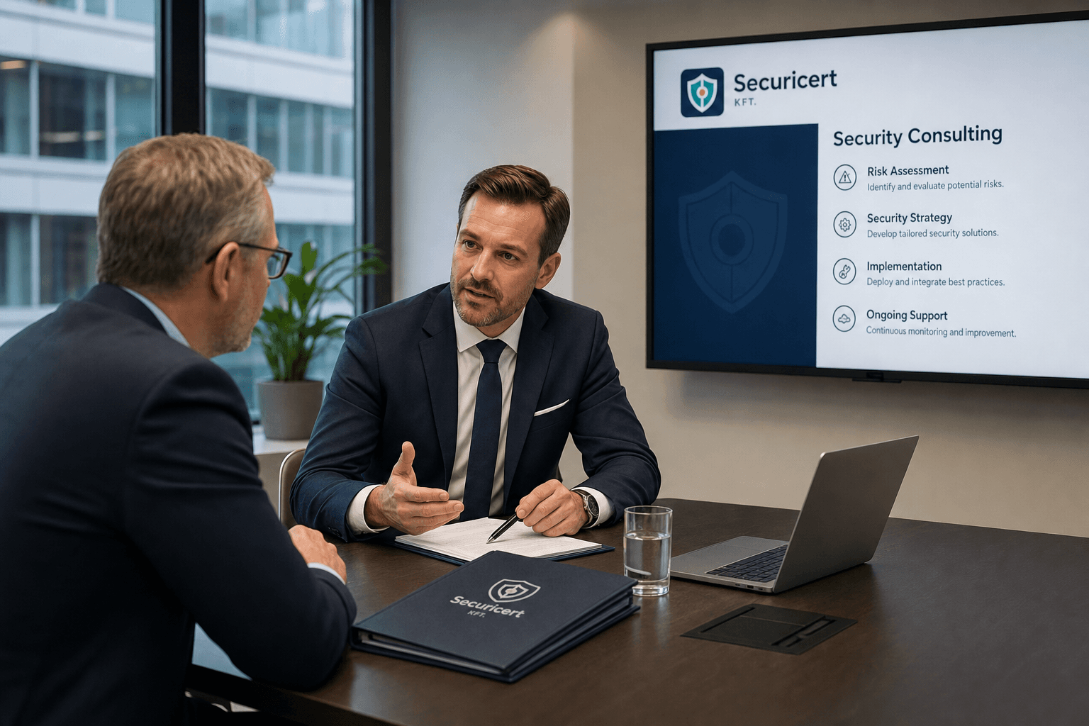 Securicert szakértő tanácsadást tart — Securicert logó a mappán és prezentációs képernyőn