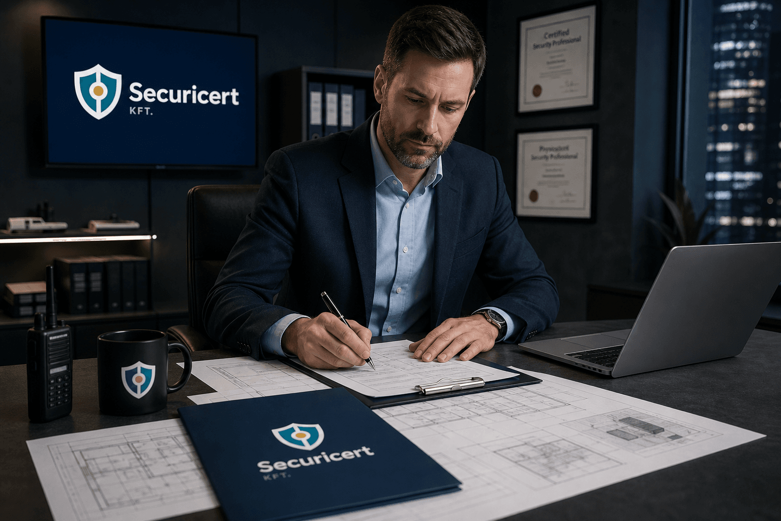 Securicert szakértő javaslatot készít — Securicert feliratú dosszié és műszaki rajzok
