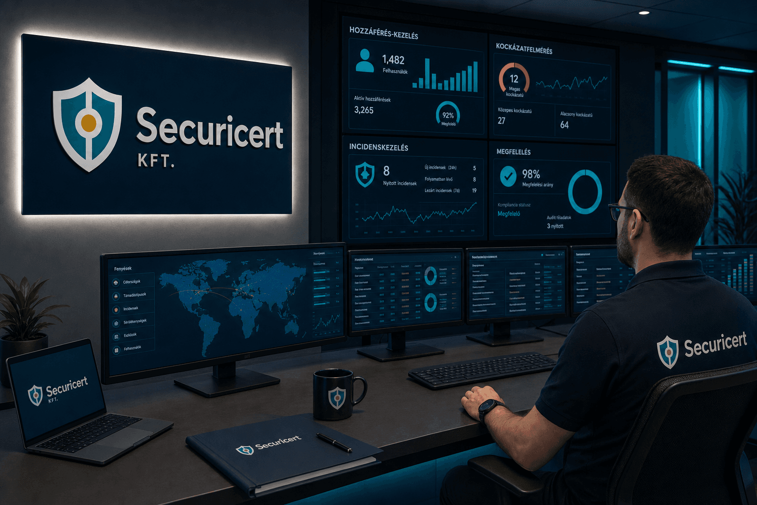 Securicert informatikai biztonsági tanácsadást tart — Securicert felirat és logó a monitorfalon