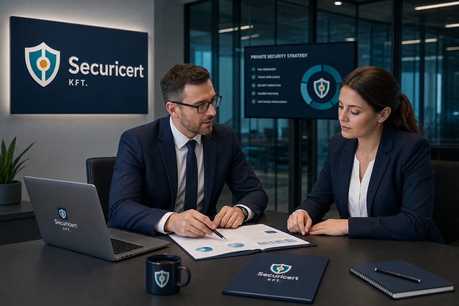 Securicert szakértő tanácsadást tart — Securicert logó a mappán és prezentációs képernyőn